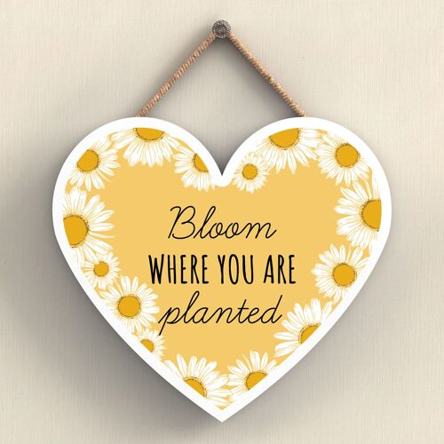 P3082 - Bloom Where You Are Yellow Bee Themed Decorative Wooden Heart Shaped Hanging Plaque