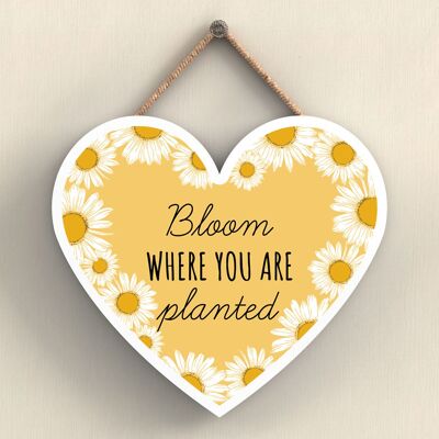 P3082 - Bloom Where You Are Yellow Bee Themed Decorative Wooden Heart Shaped Hanging Plaque