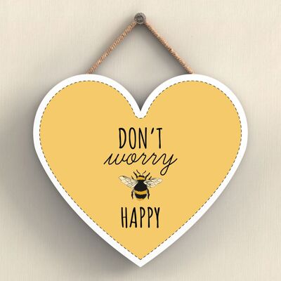 P3083 - Don't Worry Be Happy Plaque à suspendre décorative en bois en forme de cœur sur le thème de l'abeille jaune