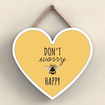 P3083 - Don't Worry Be Happy Plaque à suspendre décorative en bois en forme de cœur sur le thème de l'abeille jaune 1