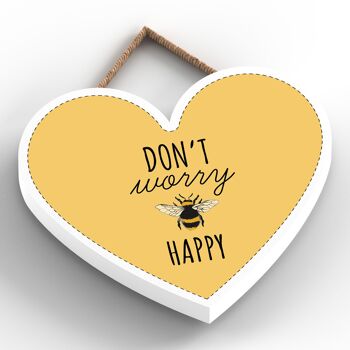 P3083 - Don't Worry Be Happy Plaque à suspendre décorative en bois en forme de cœur sur le thème de l'abeille jaune 2