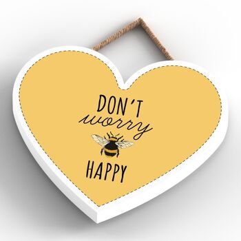 P3083 - Don't Worry Be Happy Plaque à suspendre décorative en bois en forme de cœur sur le thème de l'abeille jaune 4