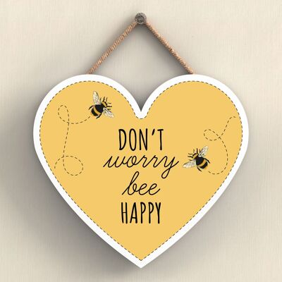 P3084 - Don'T Worry Bee Happy Yellow Bee Themed Decorative Wooden Heart Shaped Hanging Plaque