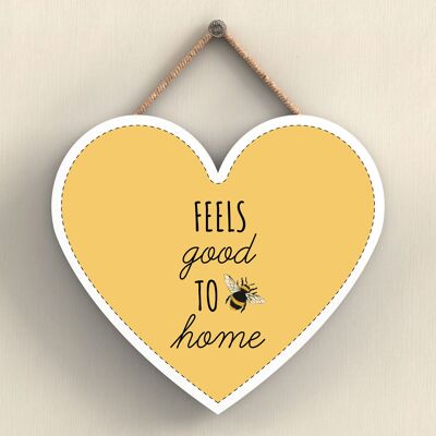 P3085 - Feels Good To Be Home Yellow Bee Themed Decorative Wooden Heart Shaped Hanging Plaque