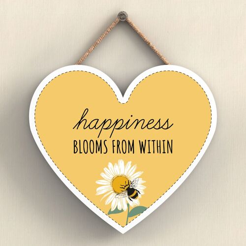 P3086 - Happiness Blooms Yellow Bee Themed Decorative Wooden Heart Shaped Hanging Plaque