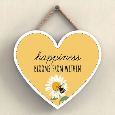 P3086 - La felicità fiorisce la targa decorativa da appendere a forma di cuore in legno a tema ape gialla