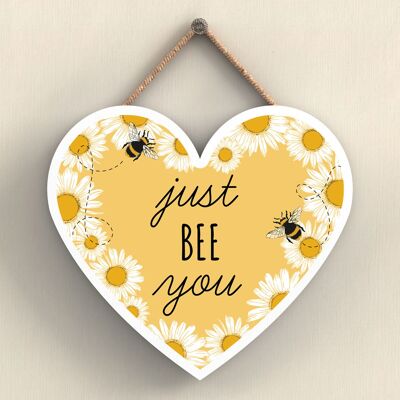 P3087 - Plaque décorative à suspendre en forme de cœur en bois sur le thème de l'abeille jaune Just Bee You