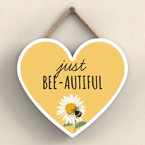 P3088 - Just Bee-Autiful Yellow Bee Themed Decorative Wooden Heart Shaped Hanging Plaque