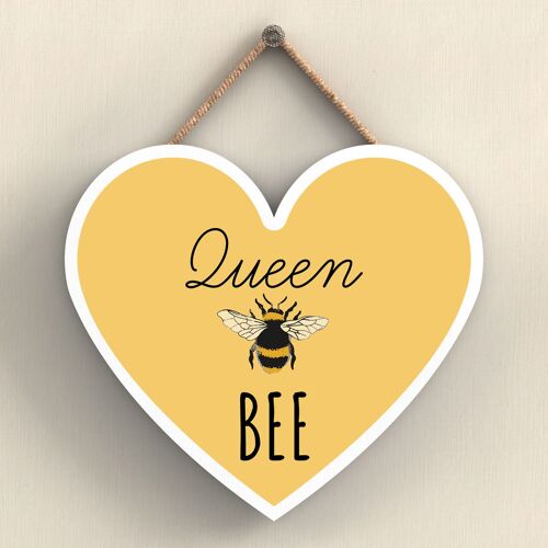 P3089 - Queen Bee Yellow Bee Themed Decorative Wooden Heart Shaped Hanging Plaque