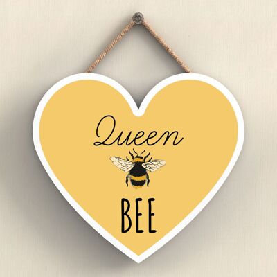 P3089 - Placa colgante en forma de corazón de madera decorativa con tema de abeja reina abeja amarilla
