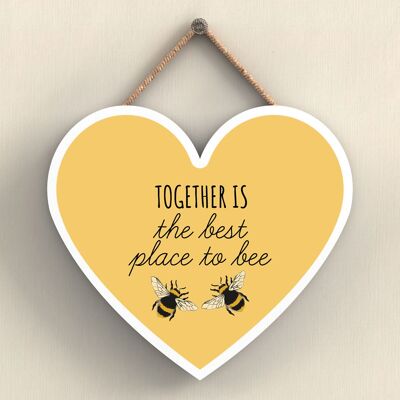 P3090 - Together Is The Best Yellow Bee Themed Decorative Wooden Heart Shaped Hanging Plaque