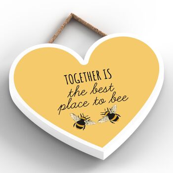 P3090 - Together Is The Best Plaque décorative à suspendre en bois en forme de cœur sur le thème de l'abeille jaune 2