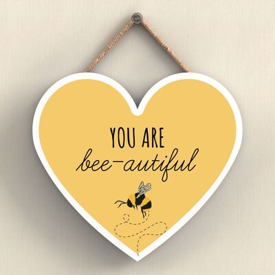 P3091 - Targa da appendere a forma di cuore in legno decorativo a tema ape gialla You Are Bee-Autiful