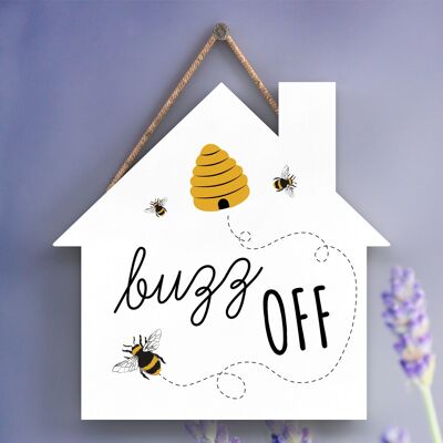 P3094 - Buzz Off Bee Themed Decorative Wooden House Shaped Hanging Plaque