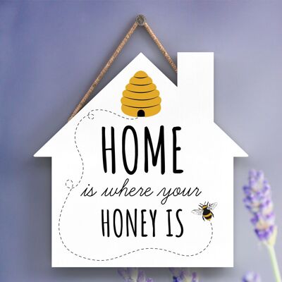 P3096 - Home Is Where Your Honey Is Bee Placa colgante decorativa de madera con forma de casa