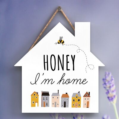 P3097 - Targa decorativa da appendere a forma di casa in legno a tema Honey I'm Home Bee