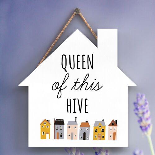 P3098 - Queen Of This Hive Bee Themed Decorative Wooden House Shaped Hanging Plaque