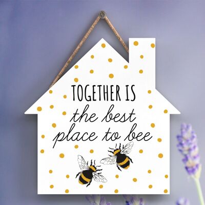 P3099 - Juntos es la mejor placa colgante decorativa con forma de casa de madera con tema de abeja