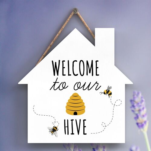 P3100 - Welcome To Our Hive Bee Themed Decorative Wooden House Shaped Hanging Plaque