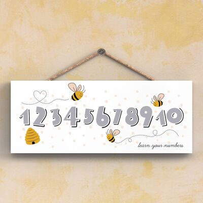 P3102 – Kids Learn Numbers Dekoratives rechteckiges Holzschild zum Aufhängen mit Bienenmotiv