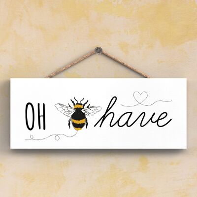 P3103 - Oh Behave - Placa colgante rectangular de madera decorativa con tema de abeja