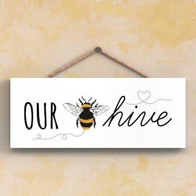 P3104 - Placa colgante rectangular de madera decorativa con el tema de nuestra colmena de abejas