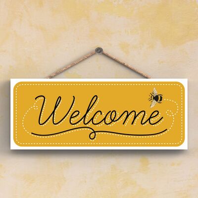 P3106 - Welcome Bee Themed Decorative Wooden Rectangle Hanging Plaque