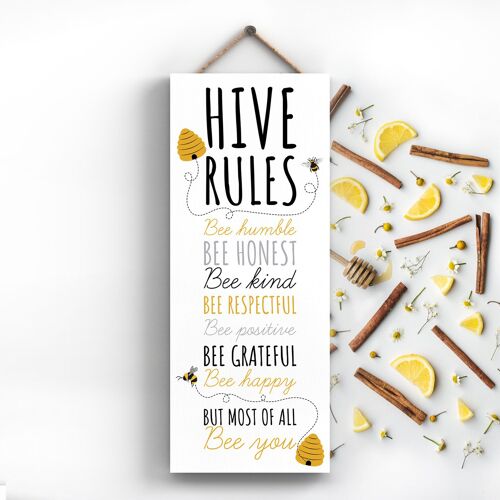 P3109 - Bee Hive Rules Bee Themed Decorative Wooden Rectangle Hanging Plaque