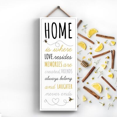 P3110 - Home Is Where Bee Placa colgante rectangular de madera decorativa con tema de abeja