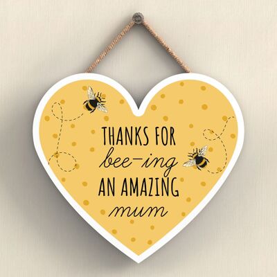 P3111-1 - Thanks For Bee-Ing Un'incredibile targa da appendere in legno a forma di cuore a forma di ape mamma