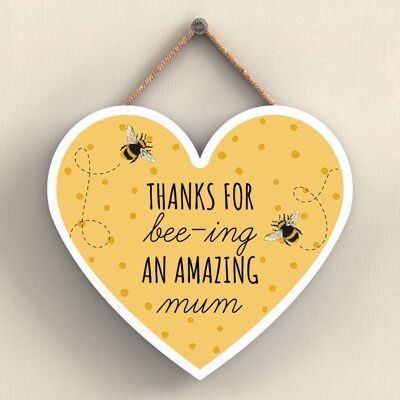 P3111-1 - Thanks For Bee-Ing An Amazing Mum Bee Themed Heart Shaped Wooden Hanging Plaque