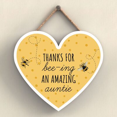 P3111-15 - Thanks For Bee-Ing An Amazing Auntie Bee Themed Heart Shaped Wooden Hanging Plaque