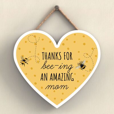 P3111-2 - Thanks For Bee-Ing An Amazing Mom Bee Plaque à suspendre en bois en forme de cœur