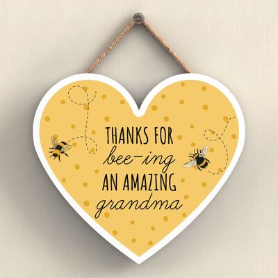 P3111-8 - Thanks For Bee-Ing An Amazing Grandma Bee Themed Heart Shaped Wooden Hanging Plaque