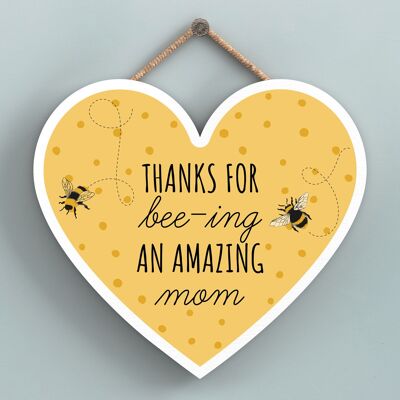 P3112-2 - Placa colgante de madera con forma de corazón gracias por Bee-Ing An Amazing Mom Bee