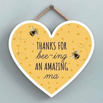 P3112-4 - Merci pour Bee-Ing une incroyable plaque à suspendre en bois en forme de cœur sur le thème de Ma Bee