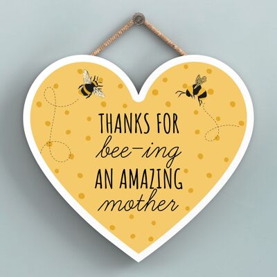 P3112-6 - Thanks For Bee-Ing An Amazing Mother Bee Themed Heart Shaped Wooden Hanging Plaque