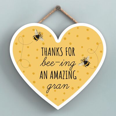 P3112-7 - Merci pour Bee-Ing une incroyable plaque à suspendre en bois en forme de cœur sur le thème de Gran Bee
