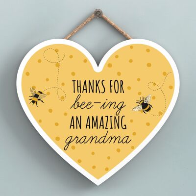P3112-8 - Thanks For Bee-Ing An Amazing Grandma Bee Themed Heart Shaped Wooden Hanging Plaque