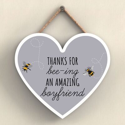 P3113-1 - Thanks For Bee-Ing An Amazing Boyfriend Bee Plaque à suspendre en bois en forme de cœur