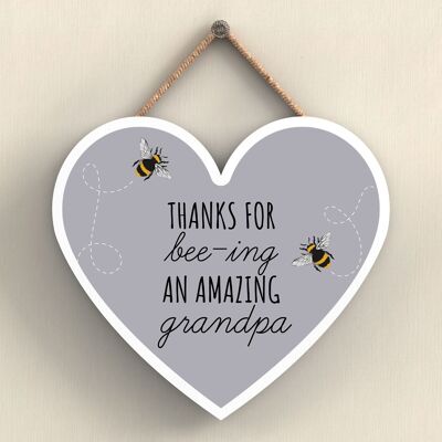 P3113-10 - Thanks For Bee-Ing An Amazing Grandpa Bee Themed Heart Shaped Wooden Hanging Plaque