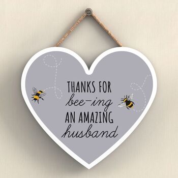 P3113-11 - Thanks For Bee-Ing An Amazing Husband Plaque à suspendre en bois en forme de cœur sur le thème de l'abeille