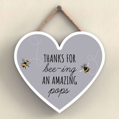 P3113-14 - Thanks For Bee-Ing An Amazing Pops Bee Plaque à suspendre en bois en forme de cœur