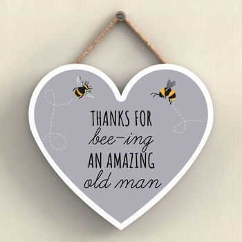 P3113-15 - Thanks For Bee-Ing An Amazing Old Man Bee Plaque à suspendre en bois en forme de cœur