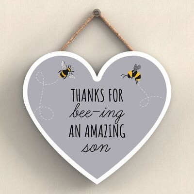 P3113-2 - Placa colgante de madera con forma de corazón gracias por Bee-Ing An Amazing Son Bee