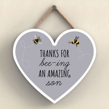 P3113-2 - Thanks For Bee-Ing An Amazing Son Bee Plaque à suspendre en bois en forme de cœur