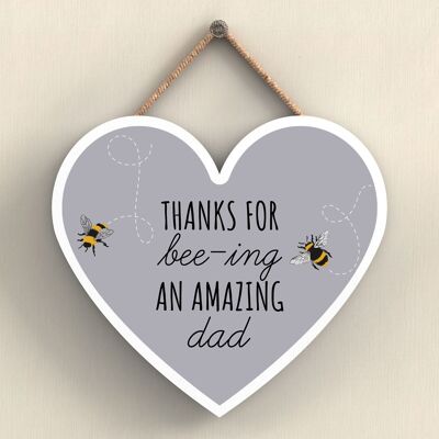 P3113-4 - Placa colgante de madera con forma de corazón gracias por Bee-Ing An Amazing Dad Bee