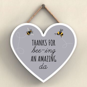 P3113-5 - Merci pour Bee-Ing une incroyable plaque à suspendre en bois en forme de cœur sur le thème de Da Bee