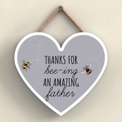 P3113-7 - Thanks For Bee-Ing An Amazing Father Bee Themed Heart Shaped Wooden Hanging Plaque