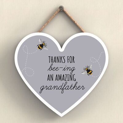 P3113-9 - Thanks For Bee-Ing An Amazing Grandfather Bee Themed Heart Shaped Wooden Hanging Plaque